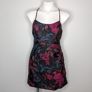 NWT Urban Outfitters black pink blue red floral strappy metallic mini dress M